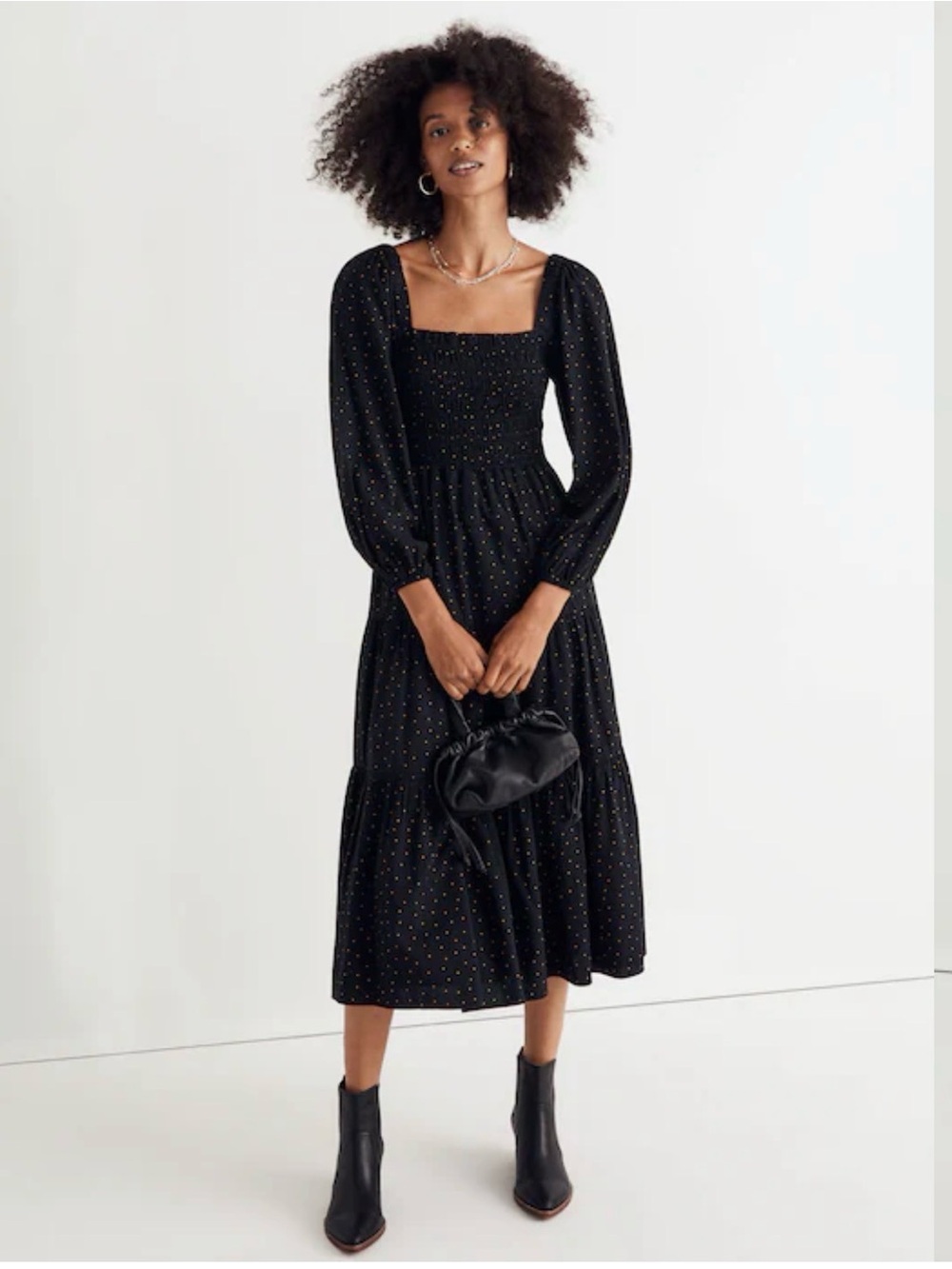 Madewell Smocked Square-Neck Midi Dress in Black with Dots